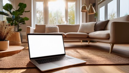 Fototapeta premium laptop mock up with blank screen placed on soft rug in cozy living room featuring wooden coffee table and natural light streaming through large windows ideal for design and presentation purposes