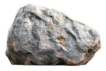Rough gray granite boulder with textured surface and brown mineral deposits isolated on transparent background