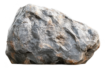 Rough gray granite boulder with textured surface and brown mineral deposits isolated on transparent background