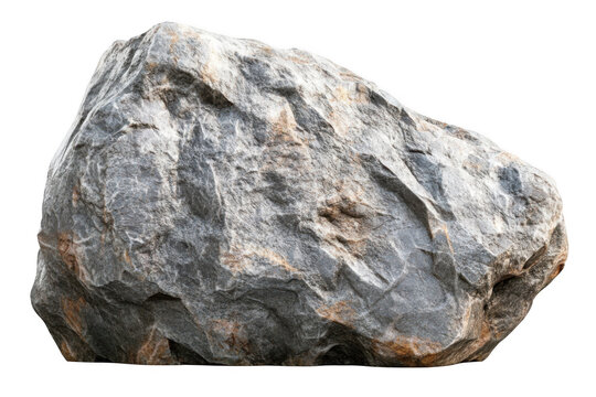 Rough gray granite boulder with textured surface and brown mineral deposits isolated on transparent background