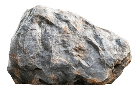 Rough gray granite boulder with textured surface and brown mineral deposits isolated on transparent background