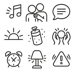 Gentle Awakening Icons. Outline style icons of Gentle Awakening Icons: soft music icon, touch on shoulder, calm voice bubble,