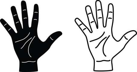 Hand Shown Five Finger Sign Silhouettes Flat and Outline Design