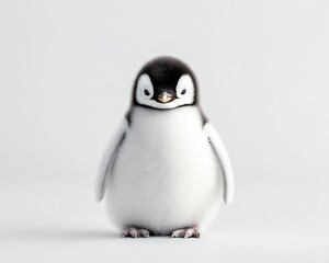 A fluffy baby penguin stands alone against a plain white background, showcasing its soft feathers and adorable expression.