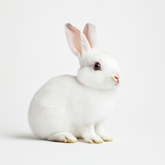 A small white rabbit with pink ears and dark eyes sits against a plain white background, showing delicate fur and an alert posture.