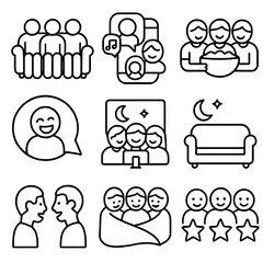 Friends Hangout Icons. Outline style icons of Friends Movie Hangout: group on couch, group text invite, shared snack bowl, laugh