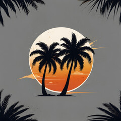 Tropical Sunset with Palm Trees Silhouette on Gray Background