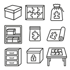 Puzzle Setup Icons. Outline style icons of Puzzle Setup and Storage Silhouette: closed box, puzzle frame insert, puzzle bag, shelf