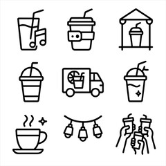 Festival Beverage Icons. Outline style icons of Festival Beverages Silhouette: drink with music note, drink wristband, outdoor
