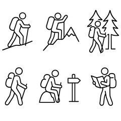 Hiking Silhouette Icons. Outline style icons of Hiking and Trekking Silhouette: silhouette with trekking poles, hiker on slope,