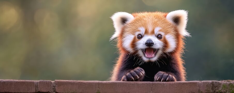 A cheerful red panda peeks over a brick wall with an open mouth and bright eyes against a blurred natural background.