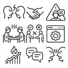 Conflict Resolution Icons. Outline style icons of Conflict Resolution Need: argument face-off icon, handshake missing,