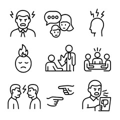 Toxic Workplace Icons. Outline style icons of Toxic Workplace: angry boss icon, gossip chat bubble, stress overload symbol,