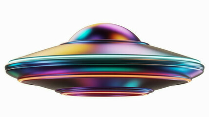 A photorealistic 3D render of a UFO with a metallic, iridescent surface that reflects various colors including blue, purple, pink, and orange