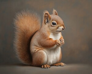 A detailed digital illustration of a red squirrel sitting upright, showcasing its bushy tail and alert expression against a neutral background.