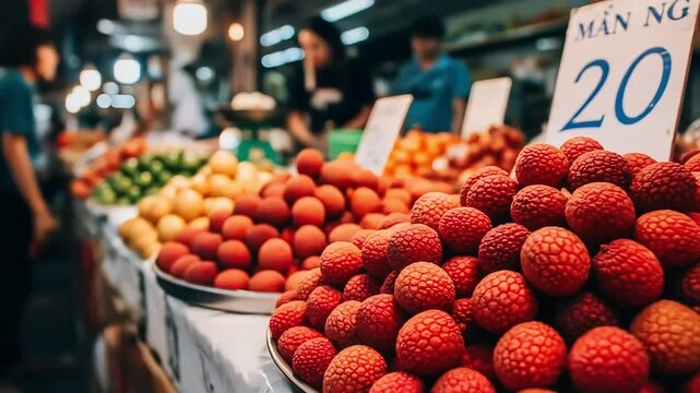 Lychee Fruit at Asian Market Stall Fresh Produce Display.
