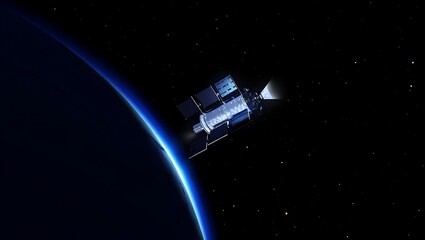 Advanced satellite orbiting earth in the vastness of space with stars © Prio Barmon