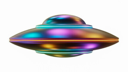 A photorealistic 3D render of a UFO with a metallic, iridescent surface that reflects various colors including blue, purple, pink, and orange