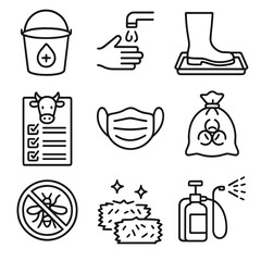 Barnyard Hygiene Icons. Outline style icons of Barnyard Hygiene and Safety: sanitation bucket, handwashing icon, boot dip tray,