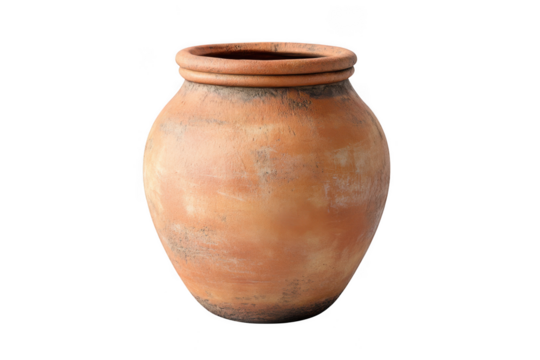 Ancient terracotta amphora jar with aged texture and rustic details isolated on transparent background