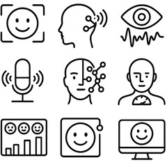 AI Emotion Icons. Outline style icons of Emotion Recognition in AI: smiling recognition face, emotion tracking icon, eye movement