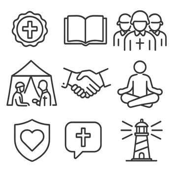 Military Chaplain Icons. Outline style icons of Military Chaplains and Support: chaplain cross badge, open field bible, group