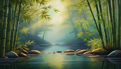 healing and zen retreat in bamboo forest with calm water scene