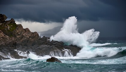massive waves crashing against rocky coastline amidst dark storm clouds dramatic ocean views stormy weather wave crashes