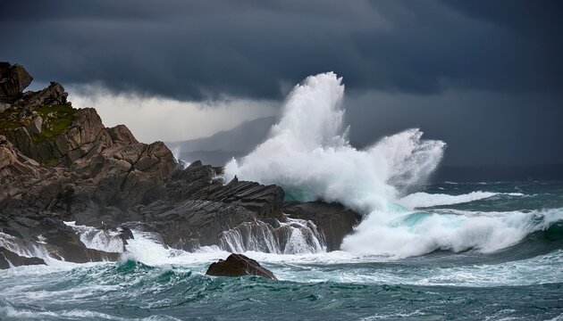 massive waves crashing against rocky coastline amidst dark storm clouds dramatic ocean views stormy weather wave crashes