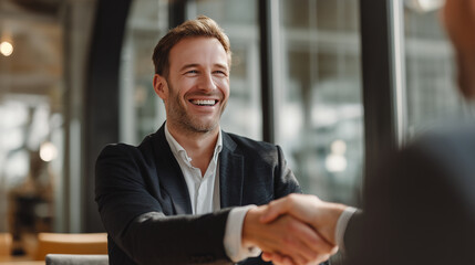 Businessman in suit shaking hands with colleague across table, minimal corporate setting, smiling, natural lighting