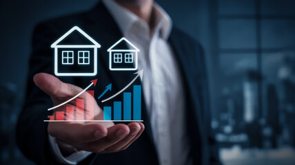 A professional business concept image showing a hand in a white dress shirt and black suit holding glowing digital house icons and financial graphs.