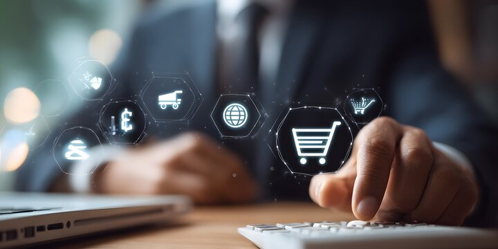 Man using calculator with online shopping icons floating above showing e commerce concept idea
