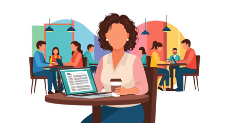 A woman working on her laptop in a coffee shop, surrounded by other people. Ideal for illustrating remote work, coworking spaces, or the modern office.