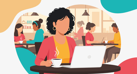 Woman working on laptop in a coffee shop, perfect for blog posts about remote work, coworking spaces, or freelance life.