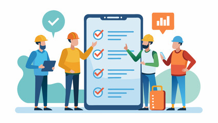 A smartphone screen displaying a quality control feature allowing managers to conduct inspections and make notes directly on the app ensuring project. Vector illustration