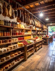 Interior of Traditional Argentine Grocery Store with Hanging Salames and Cheese