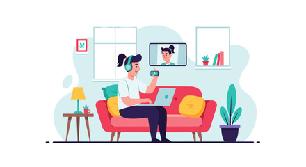 Person video conferencing from home, perfect for illustrating remote work, online meetings, or communication technology.