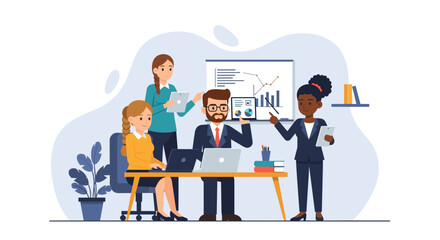 Diverse team collaborating on project, ideal for website banners, presentations, or social media posts showcasing teamwork and business success.