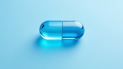 Transparent Blue Capsule Pill on Light Blue Background - Healthcare and Medicine Concept