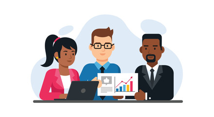 Obraz premium Diverse business team reviewing data and charts; ideal for website banners, presentations, and marketing materials.