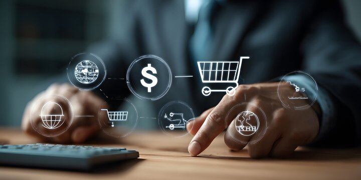 Person using online shopping interface with cart dollar sign and globe icons on a wood table - Powered by Adobe