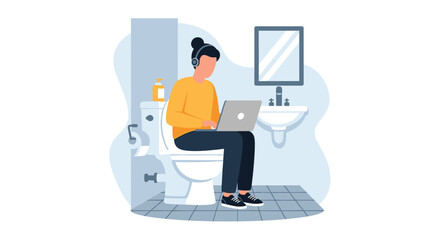 Person working on laptop while sitting on toilet.  Perfect for articles on work-life balance, remote work struggles, or humorous social media posts.