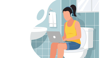 Woman working on laptop in bathroom, perfect for illustrating work-life balance articles or social media posts about remote work.
