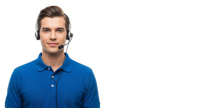 A man with a headset wearing a blue polo shirt against a white background in a studio setting shot close up on transparent background