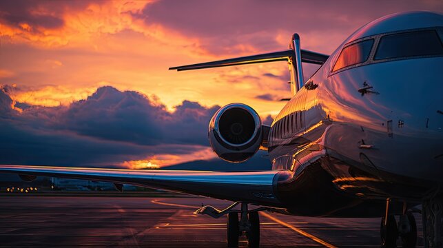 Private Jet on Runway at Sunset - Powered by Adobe