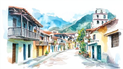 Banos de Agua Santa. Banos de Agua Santa hand drawn watercolor illustration