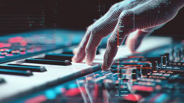 Digital hand interacting with illuminated keyboard, creating dynamic musical interface with holographic technology and data visualization
