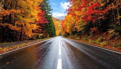 Obraz premium Autumn road through vibrant forest