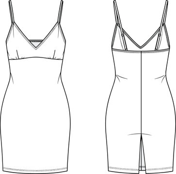 Women&rsquo;s sleeveless fitted dress sketch front and back views, V-neckline, underbust seam, center back slit, above-knee length, technical fashion garment illustration