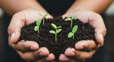 Hands gently holding fertile soil with five small green seedlings growing symbolizing new life hope and growth